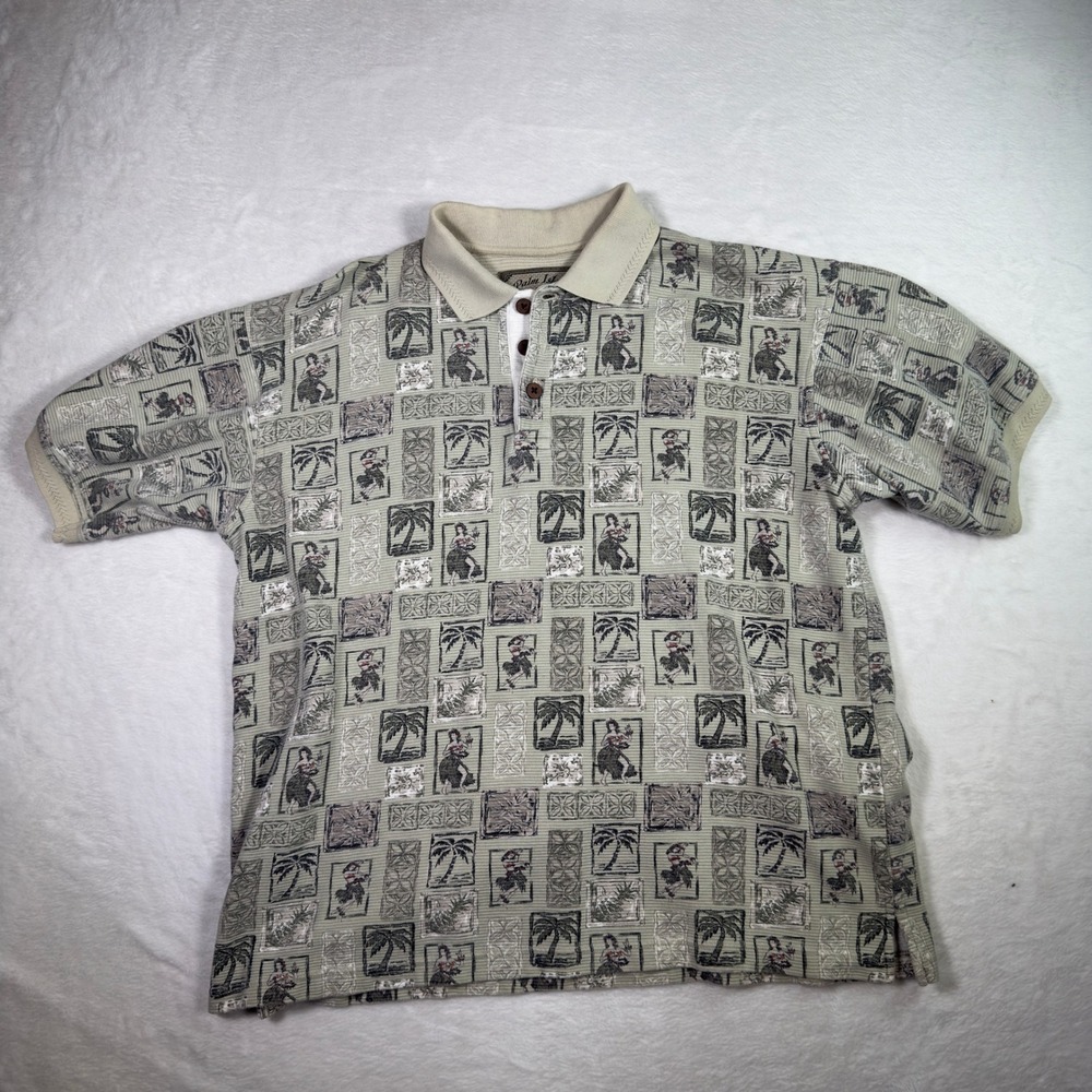 Palm Island Clothing Co. Medium Tropical Hawaiian Hula Dancer Polo Shirt Beige